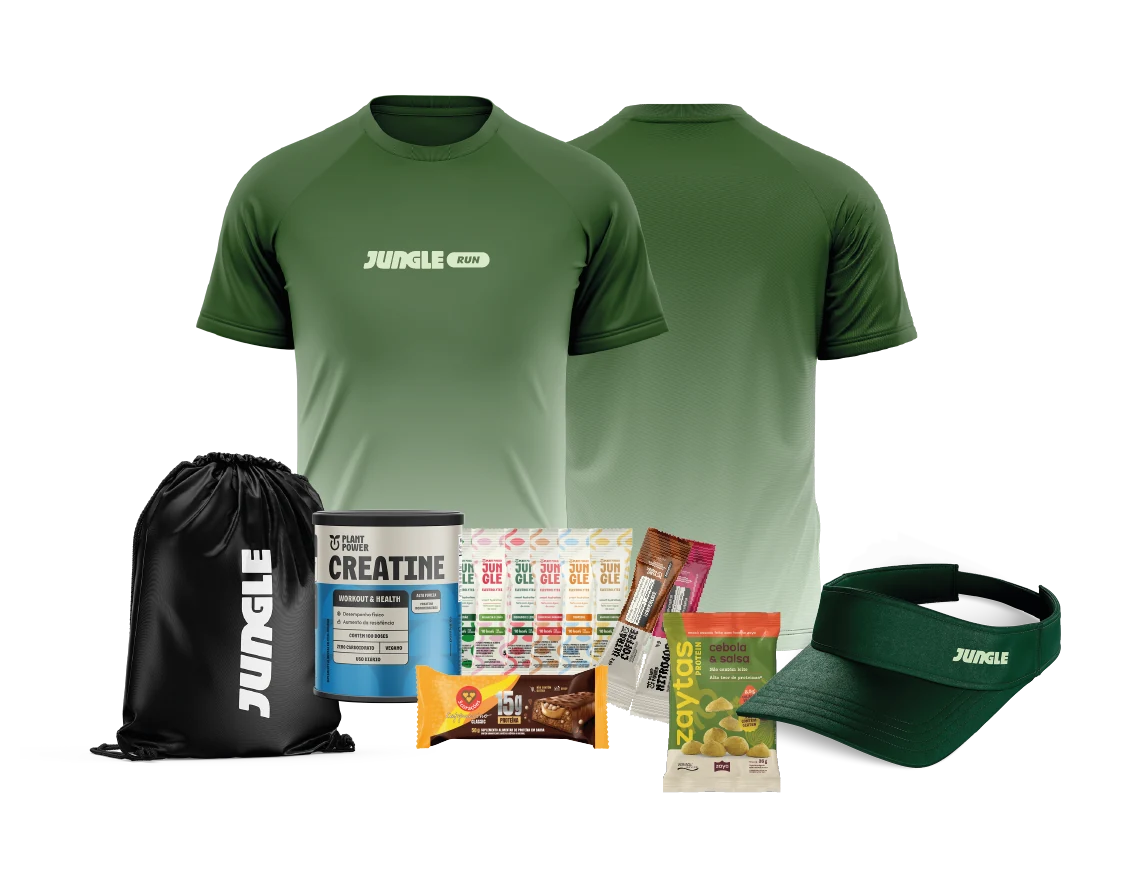 Kit Jungle Run com camiseta, viseira, sacochila e suplementos